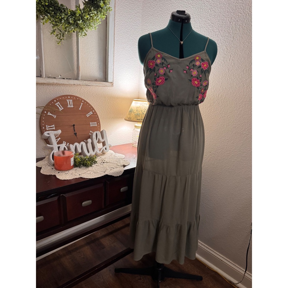 Umgee Small Olive Green Embroidered Floral Tiered Boho Maxi Dress